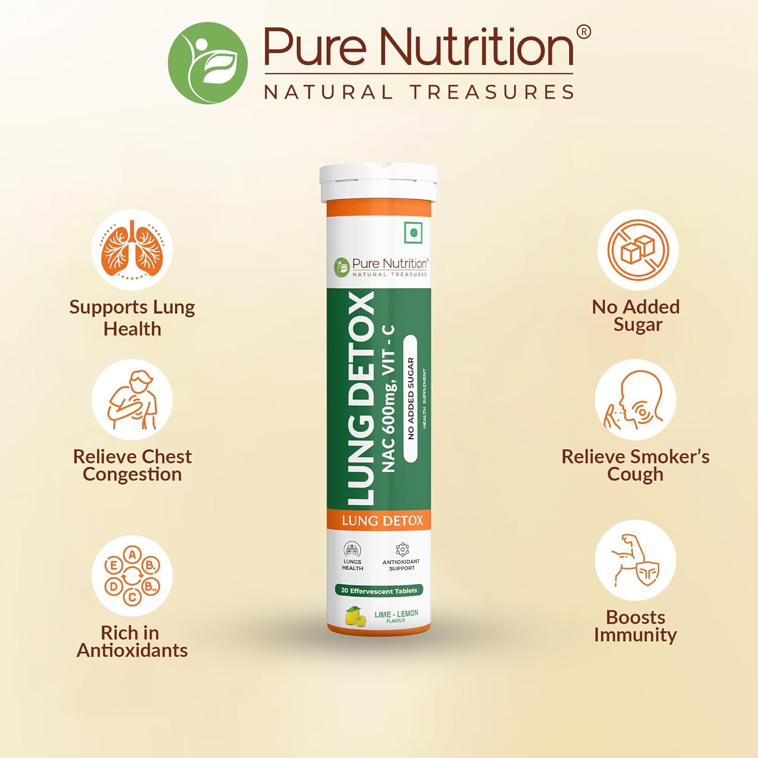 PURE NUTRITION NATURAL TREASURES Lung Detox 20 Effervescent Tablets (Lemon Flavor) With N-Acetylcysteine 600 Mg And Vitamin C |Removes Tar & Support Respiratory Health 1