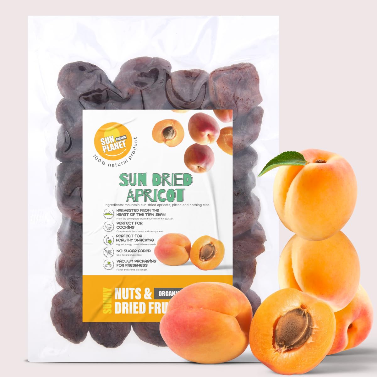 Natural SUN Dried Apricot, Organic Apricot, 100% fruits, non GMO, NO sugar added 500 g (17.64 oz)