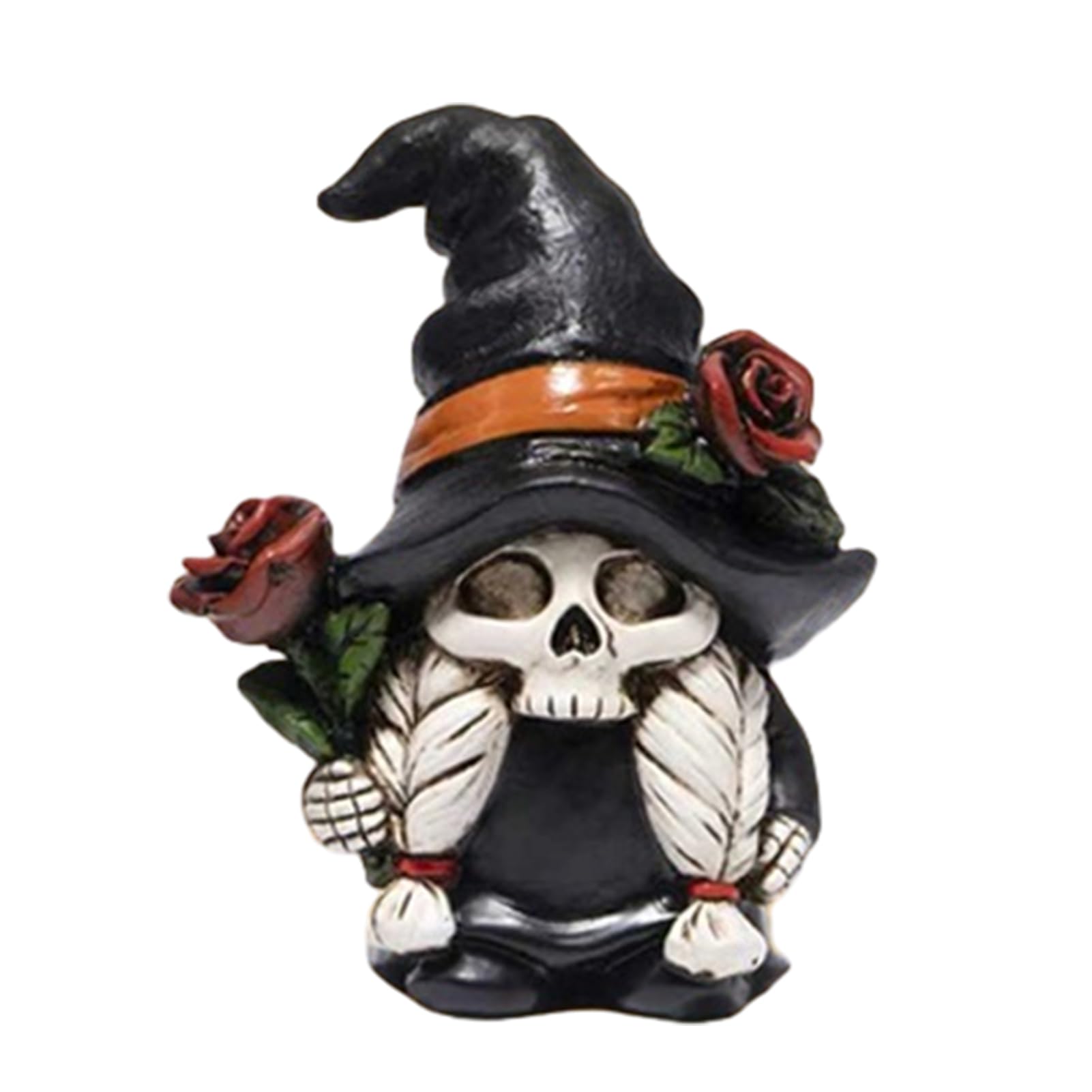 pidodou Halloween Skeleton Gnome Figurine Gothic Witch Hat Dwarf Statue Holding Rose Sculpture for Party Decoration Desktop Home Accessories [object Object]
