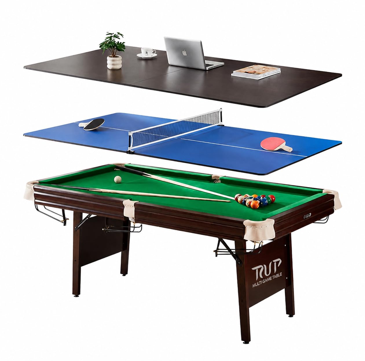 RUP Premium Solid Wood 3-in-1 Multi Game Table | 7ft Pool Table + Table Tennis + Conference/Study Table | Folding Legs | Accessories Included-picture-27