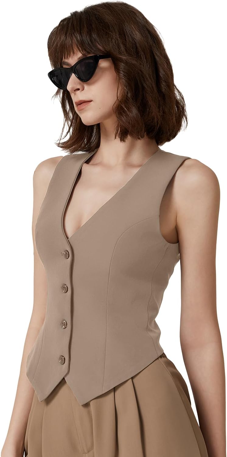 QINSEN Womens V Neck Vest Top Sleeveless Button Down Fully Lined Solid Going Out Crop Tops - Image 3