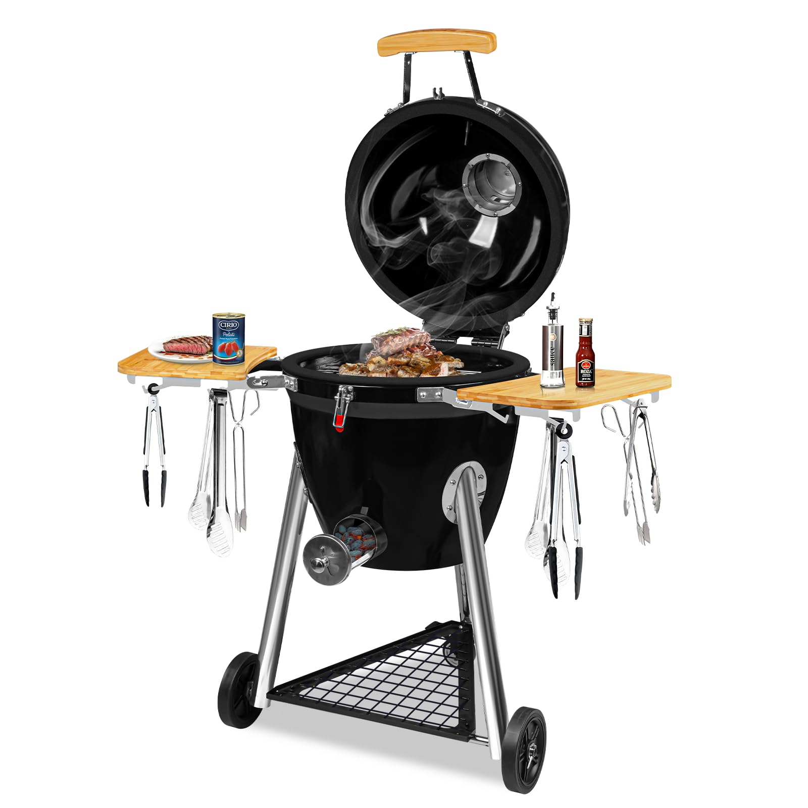 Large Kamado Charcoal Grill, Charcoal Grill with Smoker and Locking Lid, Kamado Charcoal Grill with Side Tray, Easy to Move and Clean, 18 Inches Large Charcoal Grills for Outdoor Cooking