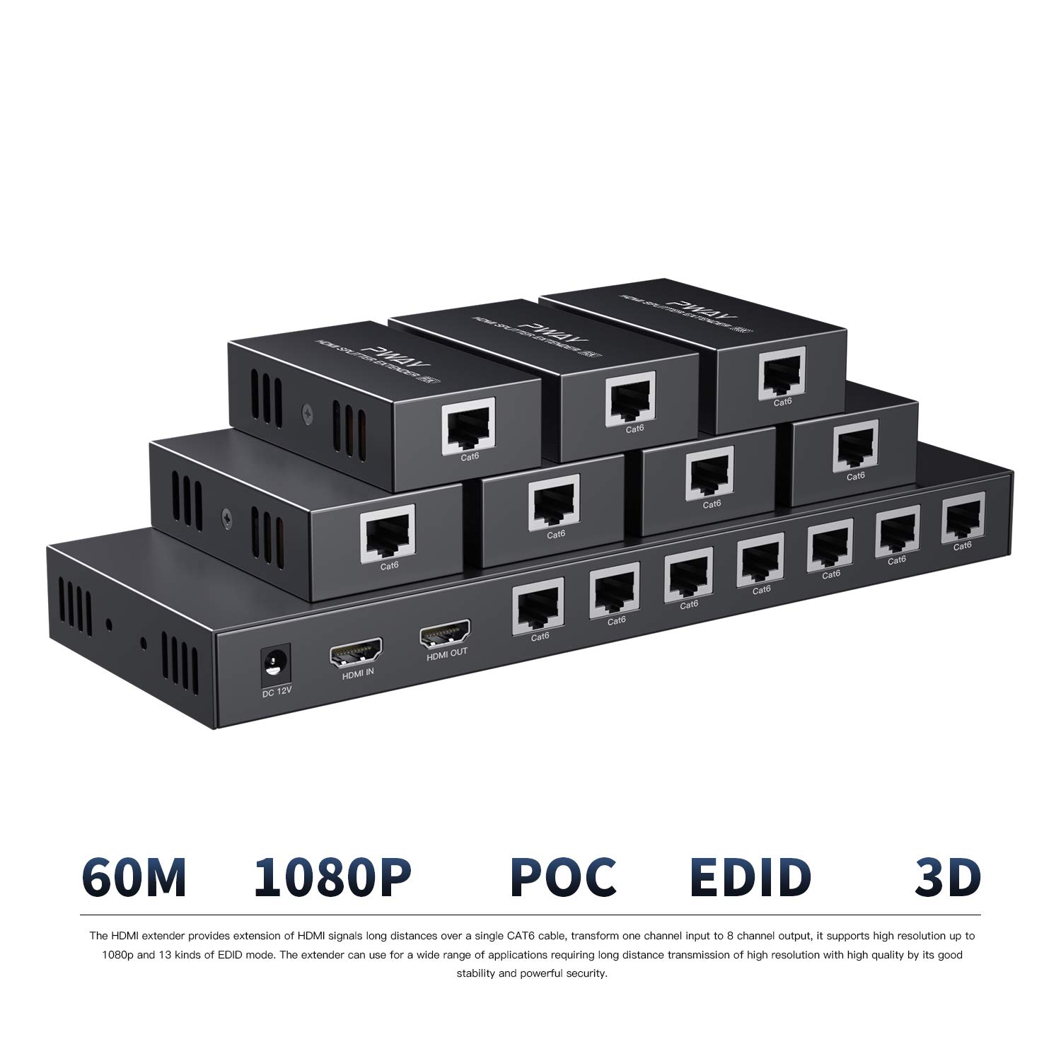 PWAY PW-HTS0107(POC) 1X7 HDMI Extender Splitter Ultra HD 1080P sur câble Support EDID Jusqu'à 50m/165ft Cat6 Télécommande（1 in 7 Out）