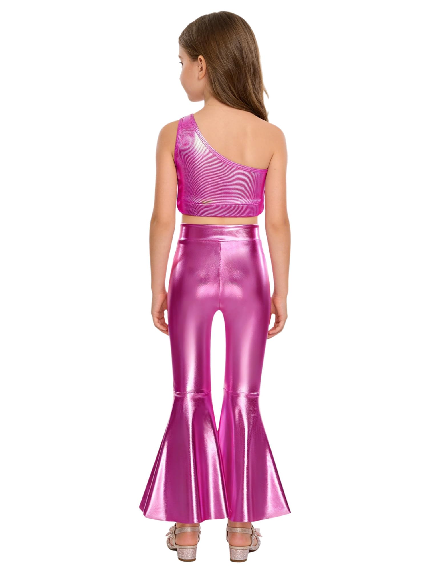 inhzoy Completo Sportivo da Ballo Latino Tango Bambina con Paillettes Tuta da Ginnastica Danza Moderna Jazz Hip Hop Crop Top Canotta Monospalla + Pantaloni Leggings Rosa caldo 7-8 anni