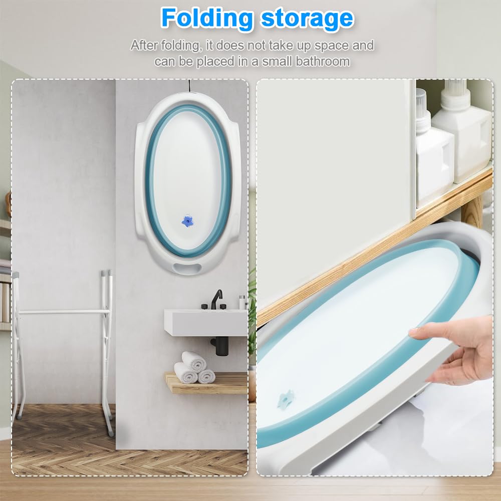 Bañera plegable para bebé con soporte, ergonómica con cojín, diseño blanco y rosa, drenaje integrado (verde)