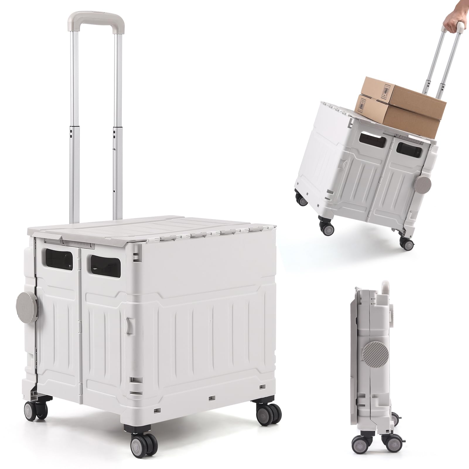 Folding Shopping Cart Trolley with One-piece Lid, 50L & 50KG Boot Cart on 4 Wheels, Collapsible Trolley Box Cart with Telescopic Handle for Shopping Picnic Office Laundry(White Grey)