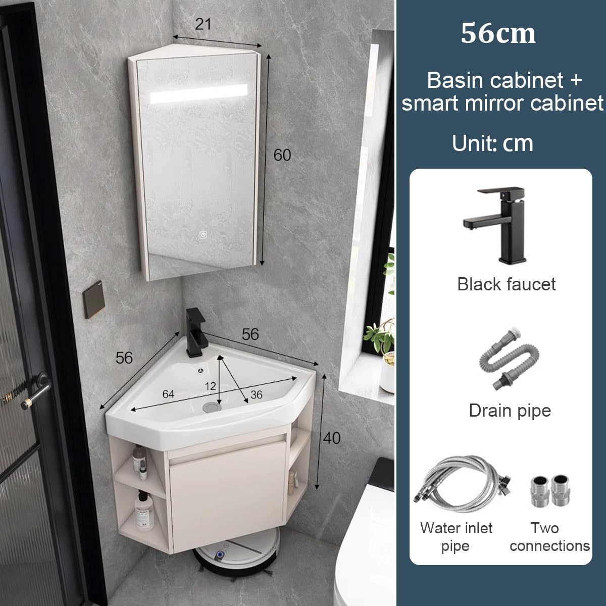 Lavabo esquinero de baño con fregadero, montaje en pared, ahorro de espacio, con almacenamiento, espejo y accesorios para baños pequeños, 56 cm, 56 cm