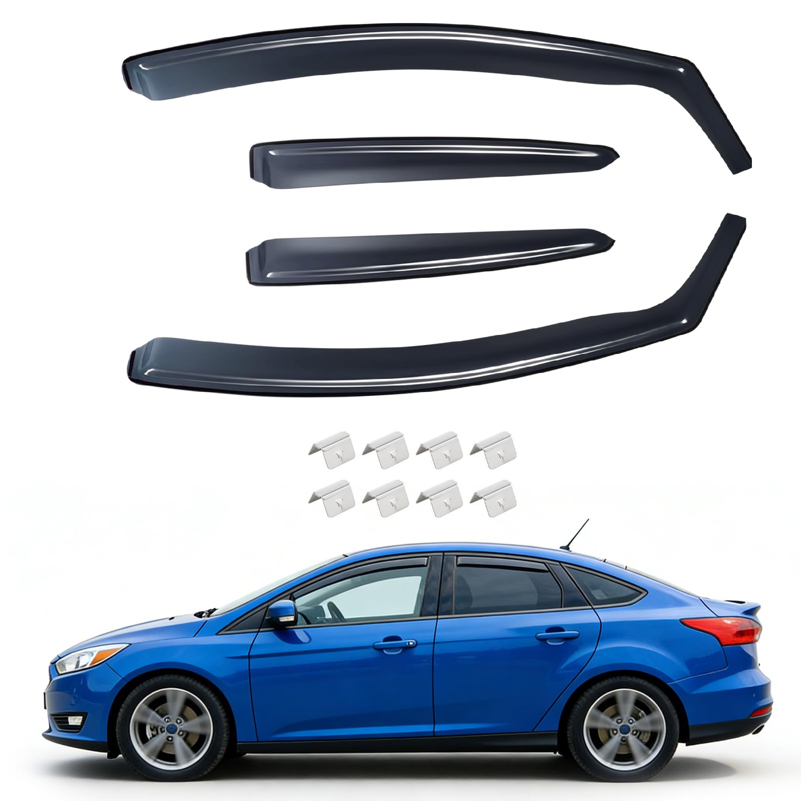 Windabweiser Regenabweiser kompatibel mit Ford Focus Ill Mk3 Bj 2011-2018, Selbstklebend Tape-On Autofenster Regenschutz Regenabweiser Deflektoren, 4-TLG Set, Rauchgrau, Vorne,Aerodynamisch