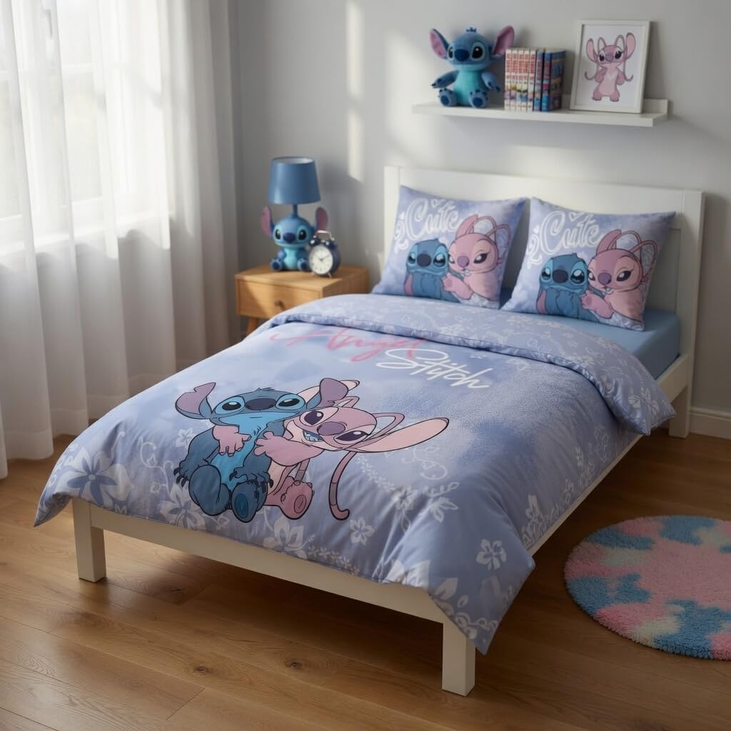 Stitch y Angel Funda Nórdica Cama 150 240x220 + 2 Fundas Almohada 65x65 | Ropa de cama 2 personas reversible | Polialgodón secado rápido | Disney Lilo & Stitch | Regalo pareja | Lavable a máquina