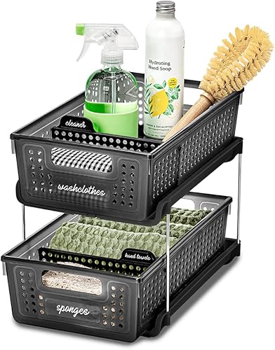 Miniatura 4 de madesmart Organizador antimicrobiano de 2 niveles multiusos con asas y divisores para el hogar y el baño, paquete de 1, carbono