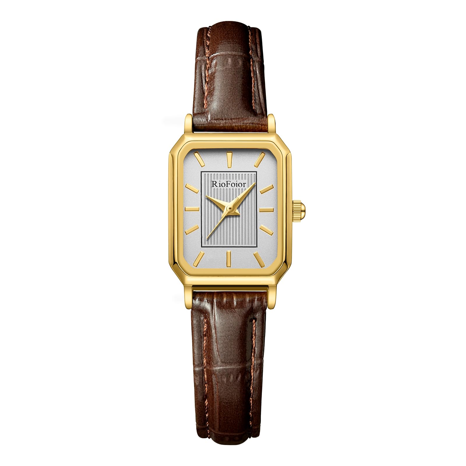 RioFoior Gold Watches for Women-Rectangular Case Minimalist Dial,Comfortable Leather Strap,Water Resistant