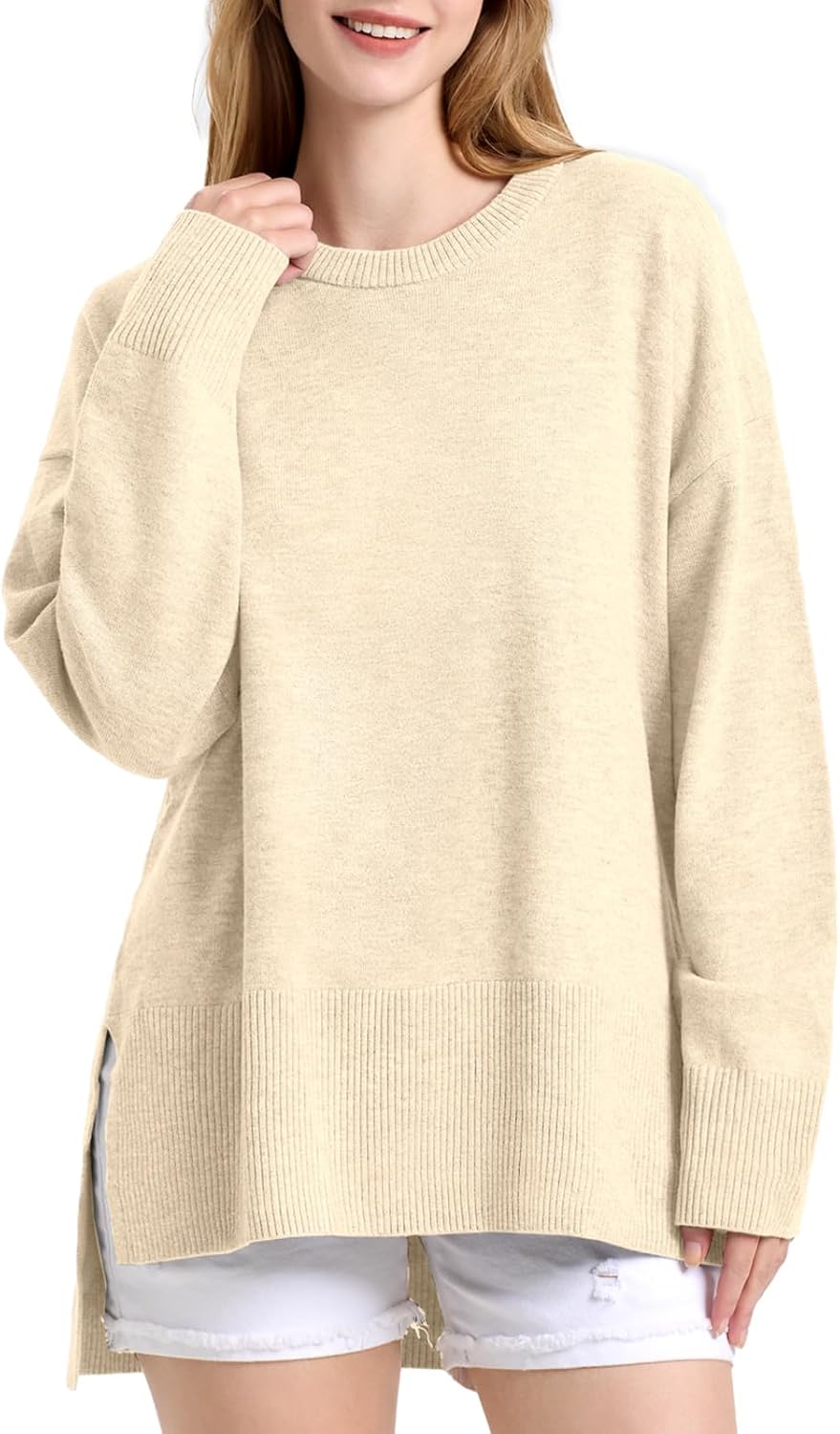 ZANZEA Women’s Fall Sweaters 2024 Oversized Loose Long Sleeve Crew Neck Side Slit Dressy Knit Casual Pullover Tops