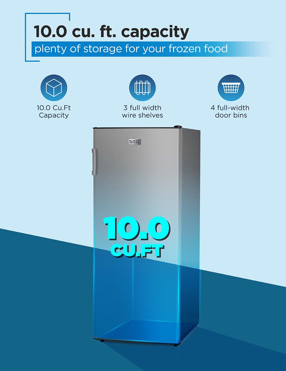 Black+Decker 10 Cu. Ft. Upright Freezer, Stand Up Freezer With Mechanical Temperature Control, Freezer With 3 Shelves And 4 Door Bins, Manual Defrost, R600a Refrigerant, Buf1000ls,Stainless Steel Look on Fridge.com - View 2