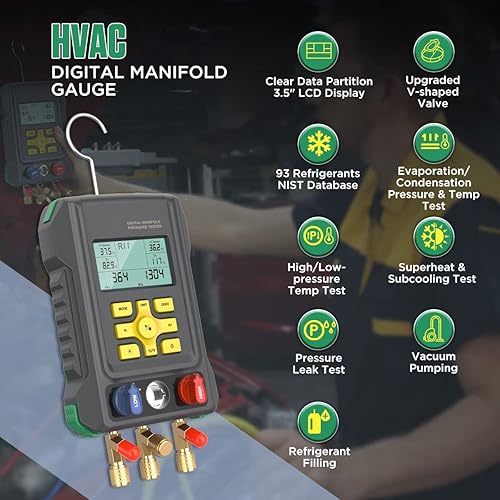 Miniatura 2 de HVAC Gauges 93 - Juego de medidores digitales para detección de refrigerantes prueba de presión y temperatura HVAC colector de HVAC válvula de bola