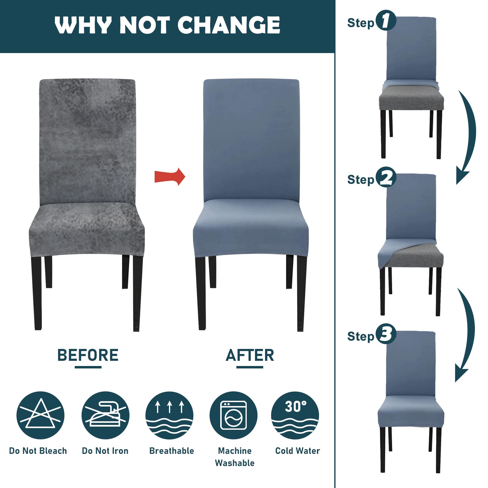 Jaotto Coprisedia con Schienale Elasticizzato 6 Pezzi,Fodere per Sedie da Pranzo Lavabile Universale Estraibile,Moderno Vestisedia per Cucina,Copertura della Sedia per Casa Ristorante(Grigio Blu,6)
