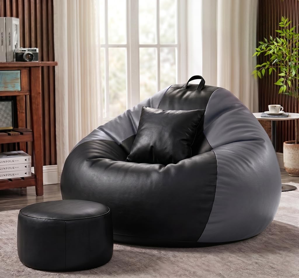 Sattva Classic 2XL Bean Bag Chair with Beans Filled | Faux Leather Sofa Style Beanbags Combo with Footstool & Cushion | Comfortable Bin Bags Sofa for Adults & Home Office Seating - Black & Grey-picture-37
