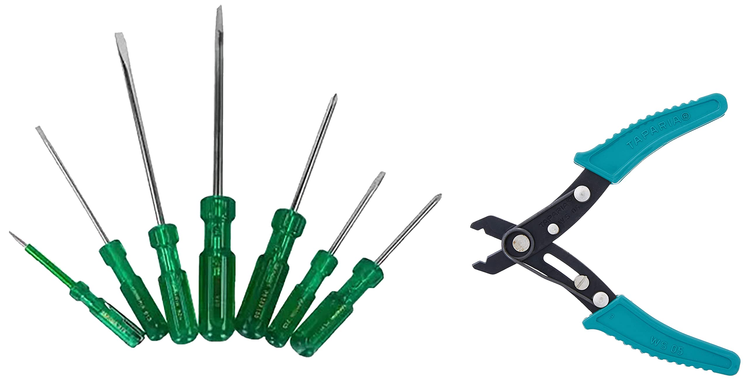 Taparia 1014 Blister Packaging Screw Driver Kit (7-Pieces), Green & Taparia WS 05 Steel (130mm) Wire Stripping Plier (Green and Black)