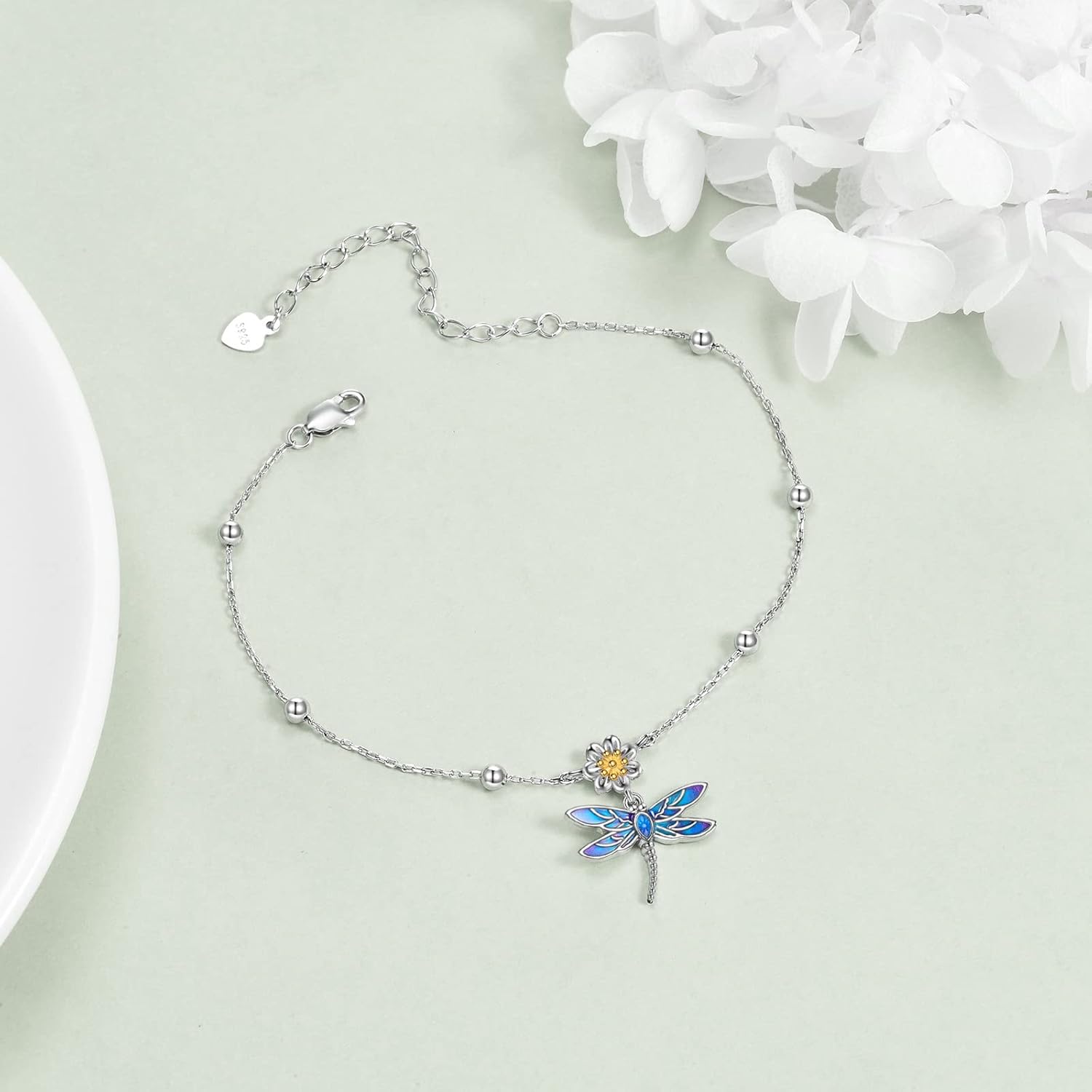 YAFEINI Dragonfly Ankle Bracelets Jewelry Christmas Gifts for Women Sterling Silver Dragonfly Flower Anklet Chain Link Anklets with 2.5 inchs Extension Chain