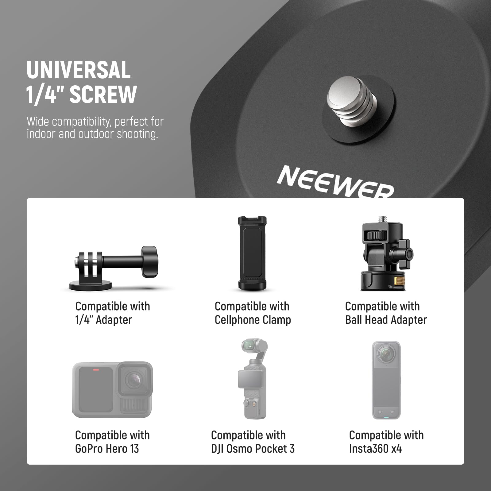 Neewer Magnetyczna podstawa montażowa do kamery kompatybilna z DJI Osmo Pocket 3 Insta360 X4/3/GO 3S/3, mocny stojak magnetyczny, szybkozłączka, podstawa ze śrubą 1/10.2 cm do kamery gimbalowej