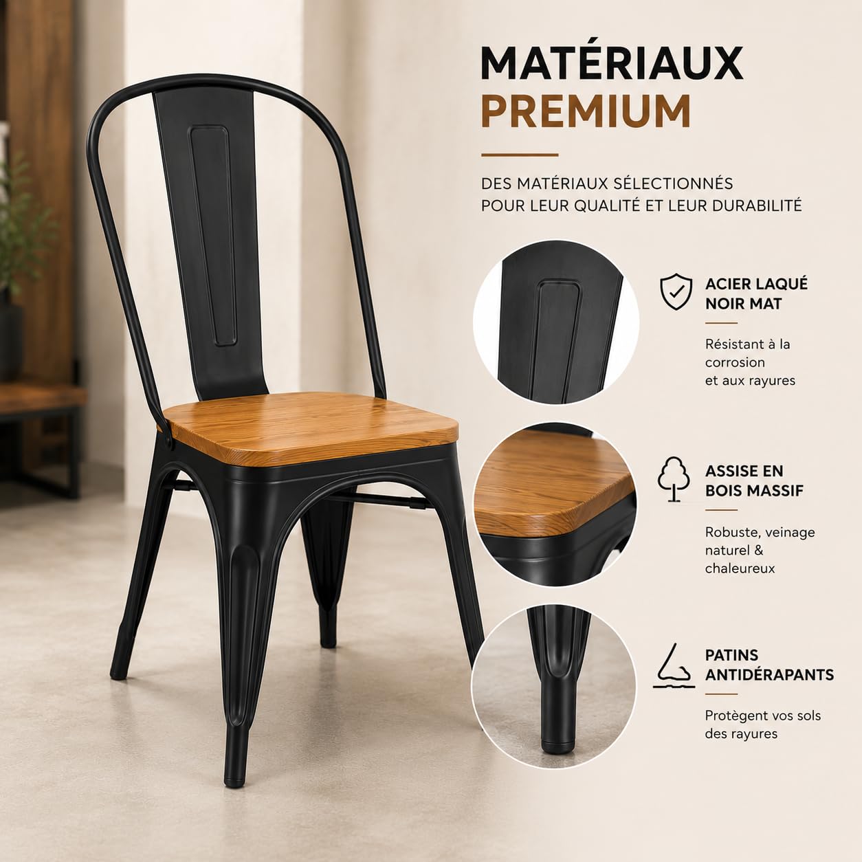 Kosmi - Lot de 4 chaises Style Industriel en métal Noir Mat et Assise en Bois Clair