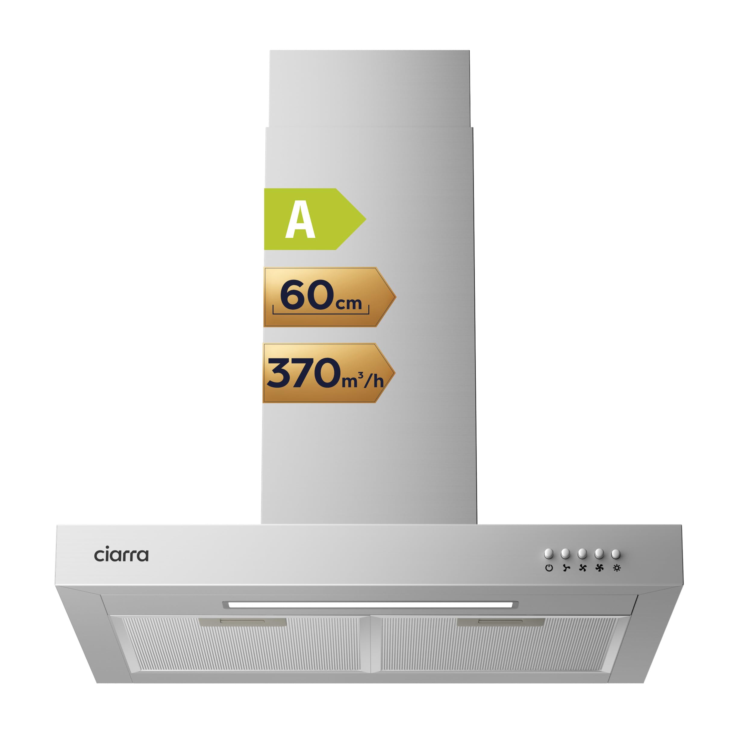 CIARRA CBCS6125 Classe A Cappa Aspirante 60 cm 370m³/h Cappa Camino a Ricircolo Luci LED 3 Velocità Aspiratore Cucina Acciaio Inox con Filtri Carbone CBCF004