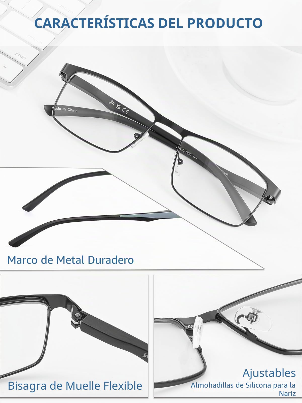 JM 5 Pack Metal Gafas de Lectura Hombre Metal Rectangulares Gafas Luz Azul | Metal Acero Inoxidable Bisagra de Primavera, Lentes Resistentes A Los Arañazos, Visión Nítida, Aumento Preciso.