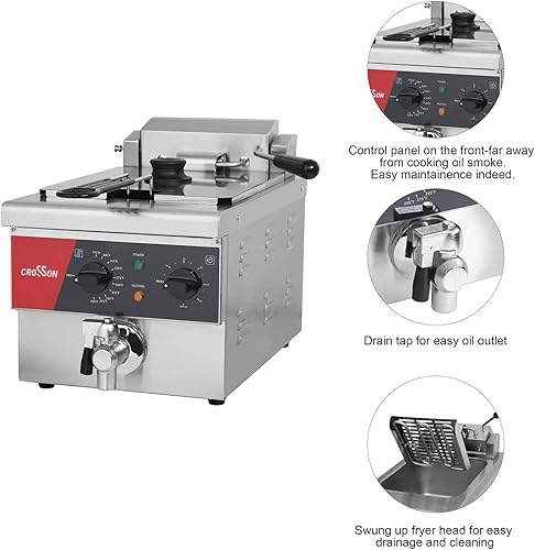 Miniatura 9 de CROSSON Freidora eléctrica de doble tanque de 12 litros con drenaje, cesta sólida y tapa para restaurantes y uso doméstico, freidora comercial de