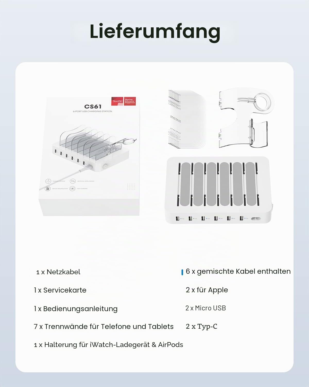 SooPii 50W 6 Ports USB-Ladestation Organizer für mehrere Geräte mit 6 Kabel