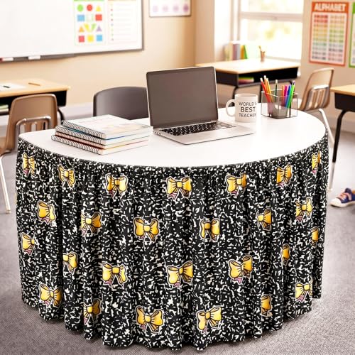Image of Oudain 9 ft Black and White Composition Book Table Skirt Cloths for Teacher Desk Wrinkle Composition Book Table Cover Skirt for Kindergarten Classroom Kidney Shaped Desk Back to School Supplies
