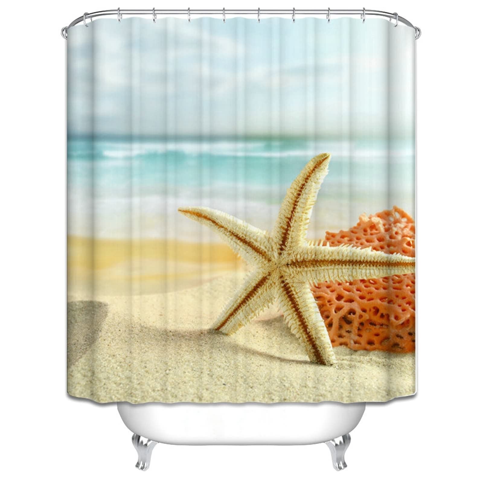 Tenda Doccia Tessuto, Poliestere Multicolore Spiaggia e stelle marine Tenda vasca da bagno, lavabile, asciugatrice rapida, 165x200cm