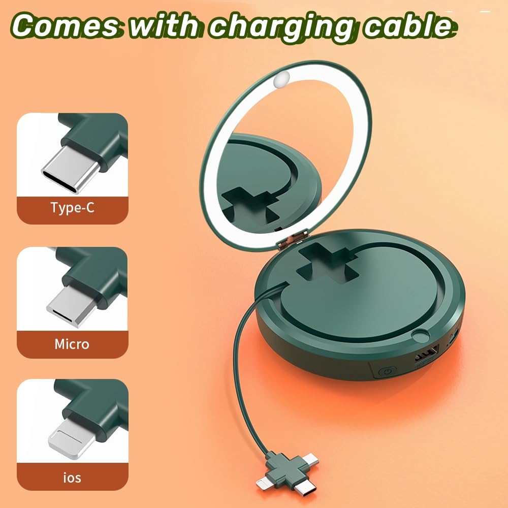 OBEST 3 in 1 multifunzione Scaldamani elettrico Portatile,con Specchio(con Luce di riempimento),Power Bank 5000 mAh con Cavo di ricarica multitesta,donna regalo utili