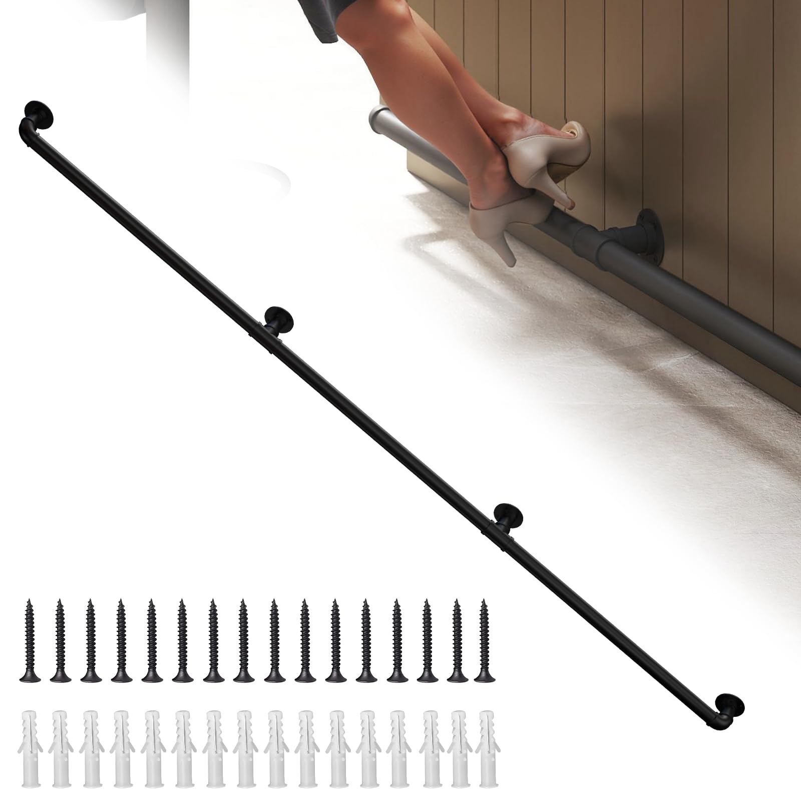 Bar Foot Rail Kit 4ft / 6ft / 8ft, Matte Black Bar Foot Rest Brackets with Internal Connector and End Caps, Galvanized Steel Complete Undercounter Combination Mount
