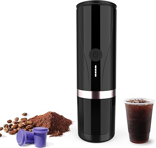 Sobtoe Máquina de café expreso portátil, cafetera eléctrica portátil autocalentable, 20 bares, mini cafetera de coche de 12 V 24 V con cápsulas NS y