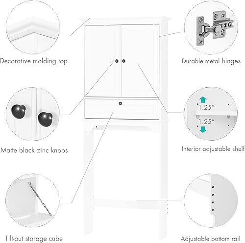 Miniatura 4 de Spirich Gabinete de almacenamiento sobre el inodoro, armario de almacenamiento sobre el inodoro con puertas y estantes ajustables, color blanco