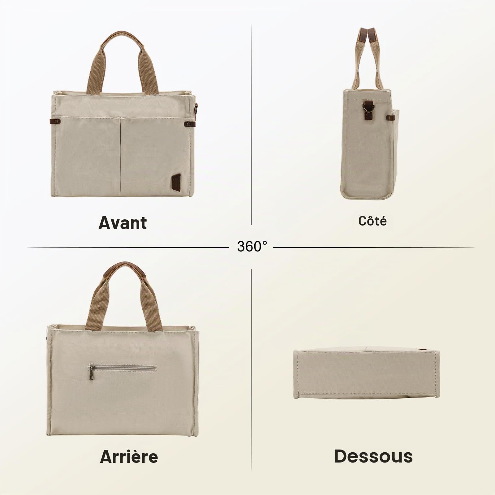 VASCHY Sac Cabas Femme en Toile, à Fermeture Zippée, Multi-poches, Bandoulière Amovible et Réglable