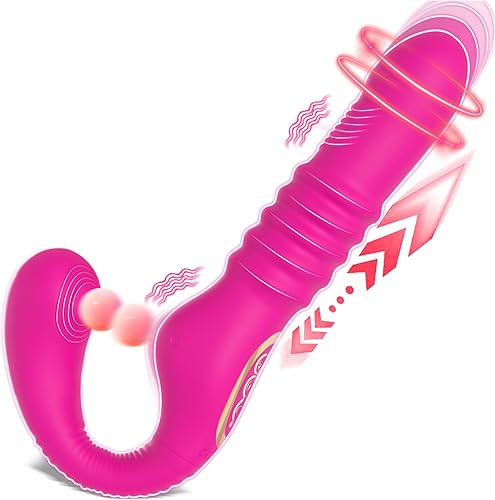 Thrusting Strapless Strap On G Spot Dildo Vibrator, 4 in 1 Rotating Tapping Vibrating Double Ended Dildo Lesbian Pegging Women Couples Adult Sex