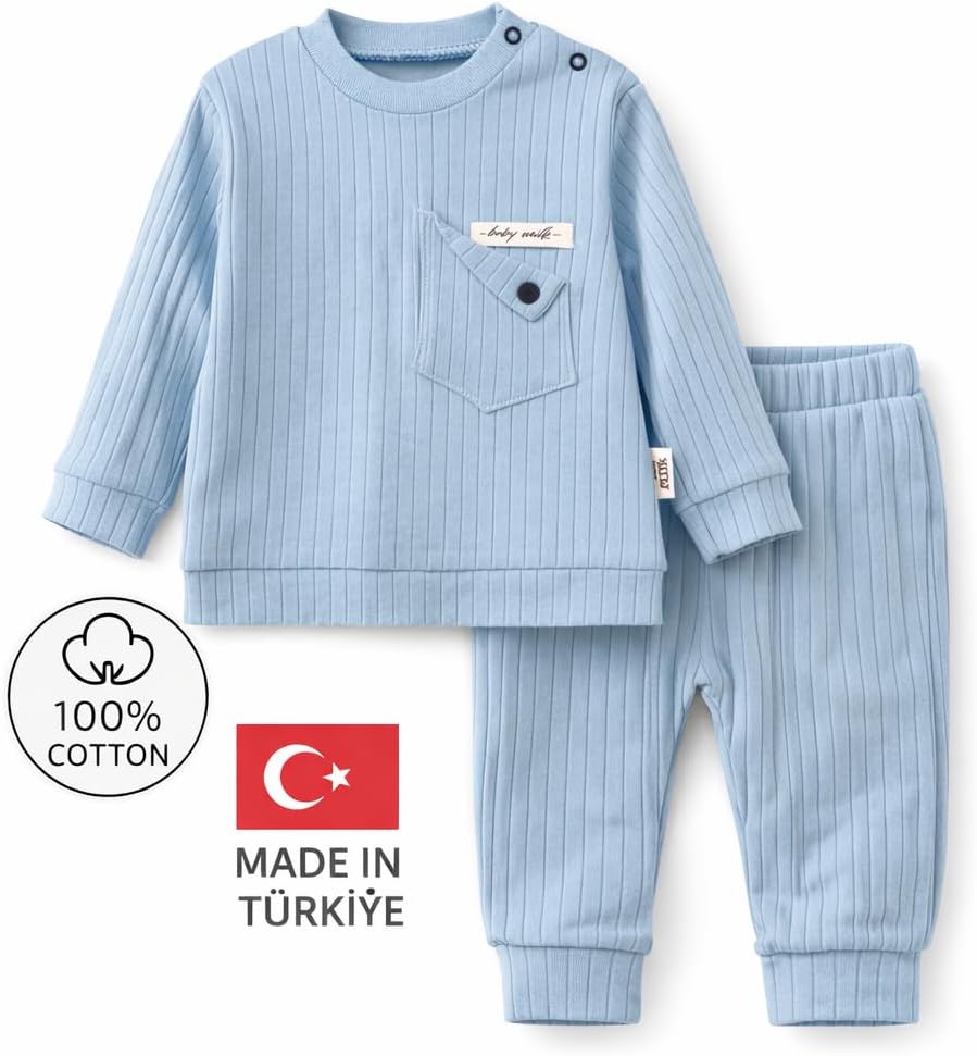 Baby Boy Blue Ribbed Cotton Outfit Set – Soft Long Sleeve Top & Pants, Comfortable Everyday Infant Clothing - Image 2