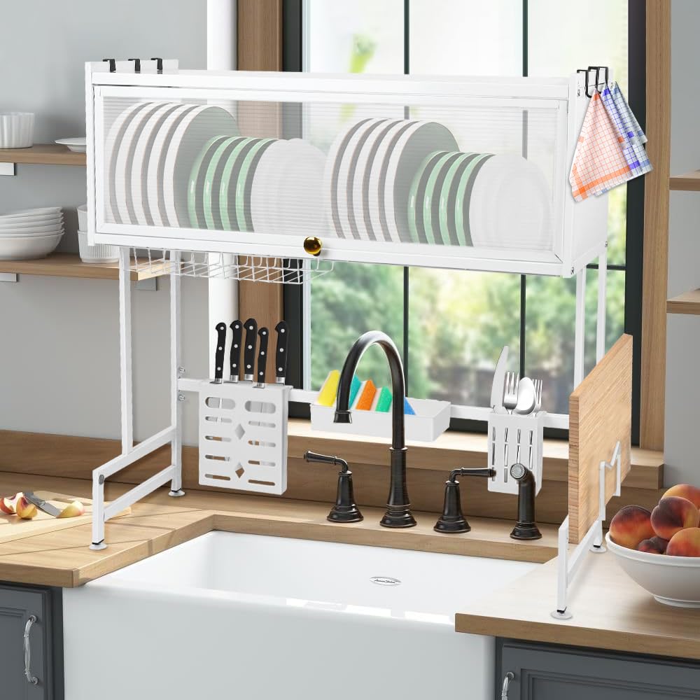 OHMG Égouttoir à Vaisselle au-Dessus de l'évier à 3 Niveaux Antirouille,Séchoir à Vaisselle,avec Porte-ustensiles et Support pour Planche à découper pour Rangement et Organisation de Cuisine