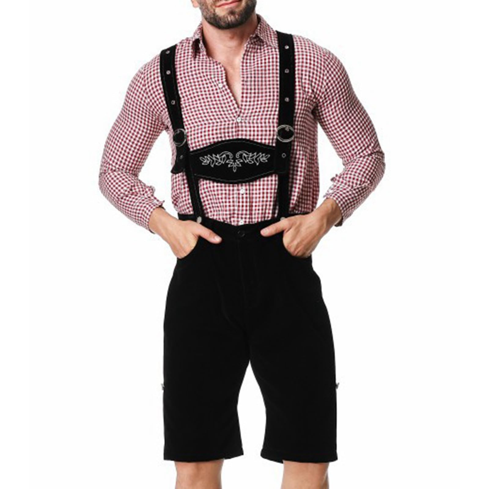 Oktoberfest Herren Outfit, Lederhose Herren Tracht Set 3 Teilig mit Trachtenhemd Langarm, Trachtenhose Kurz mit Träger und Trachtenhut mit Feder. Trachtenlederhosen Trachtenset Komplett für Bierfest