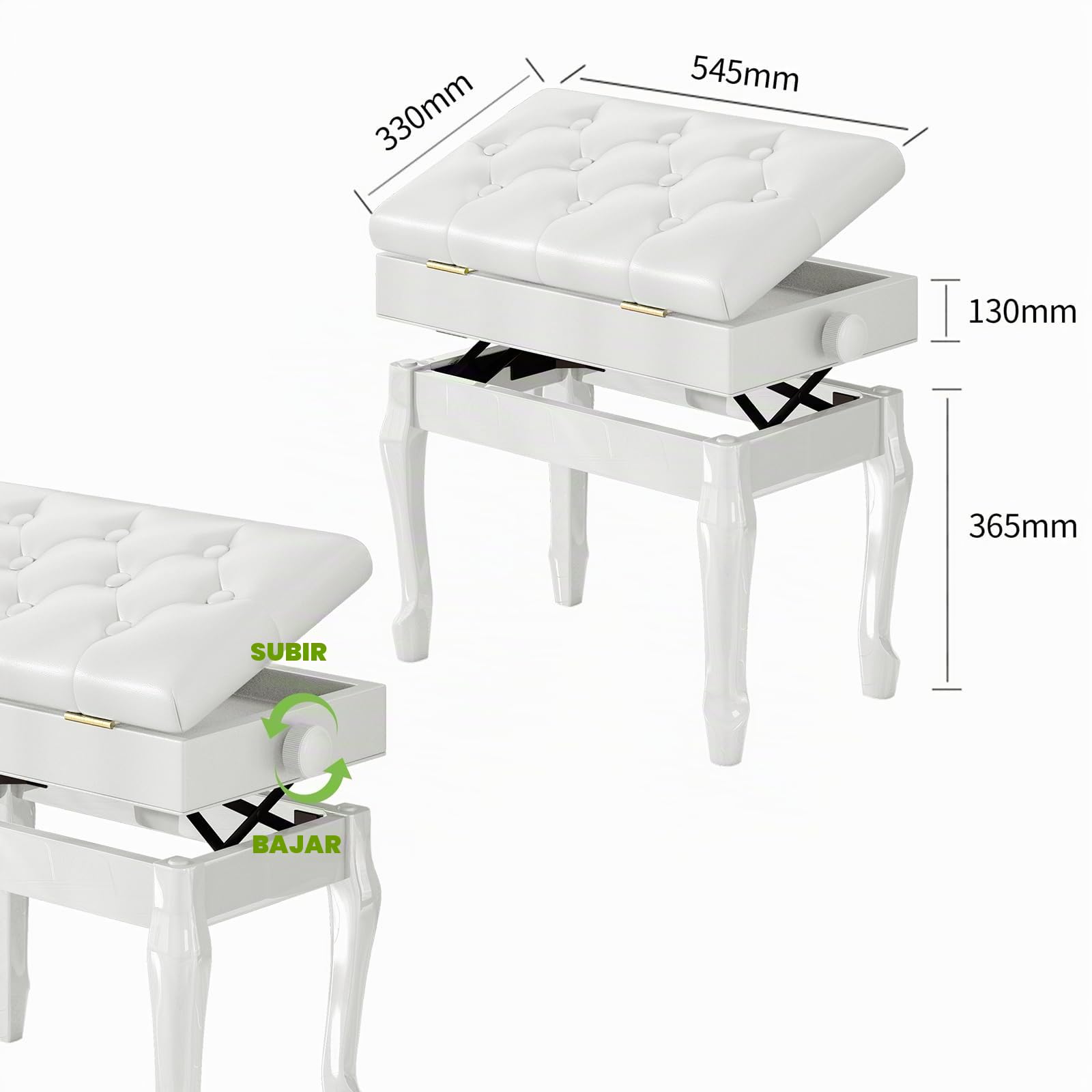 Banco de Piano de Cuero PU Engrosado con 10 Botones, Patas Curvas de Madera Maciza Ajustable en Altura, Blanco con Compartimento Almacenamiento