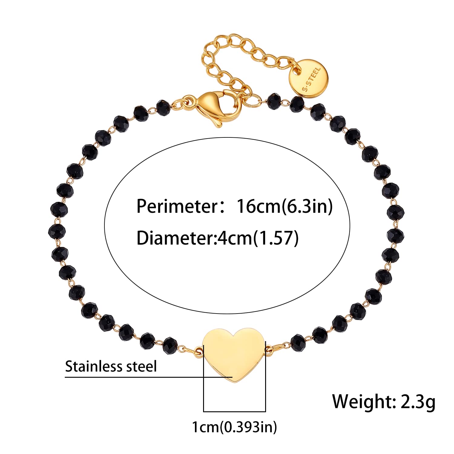 pengjin-Bracciale con ciondolo a quadrifoglio portafortuna, in acciaio inox, con perline nere, semplice braccialetto portafortuna