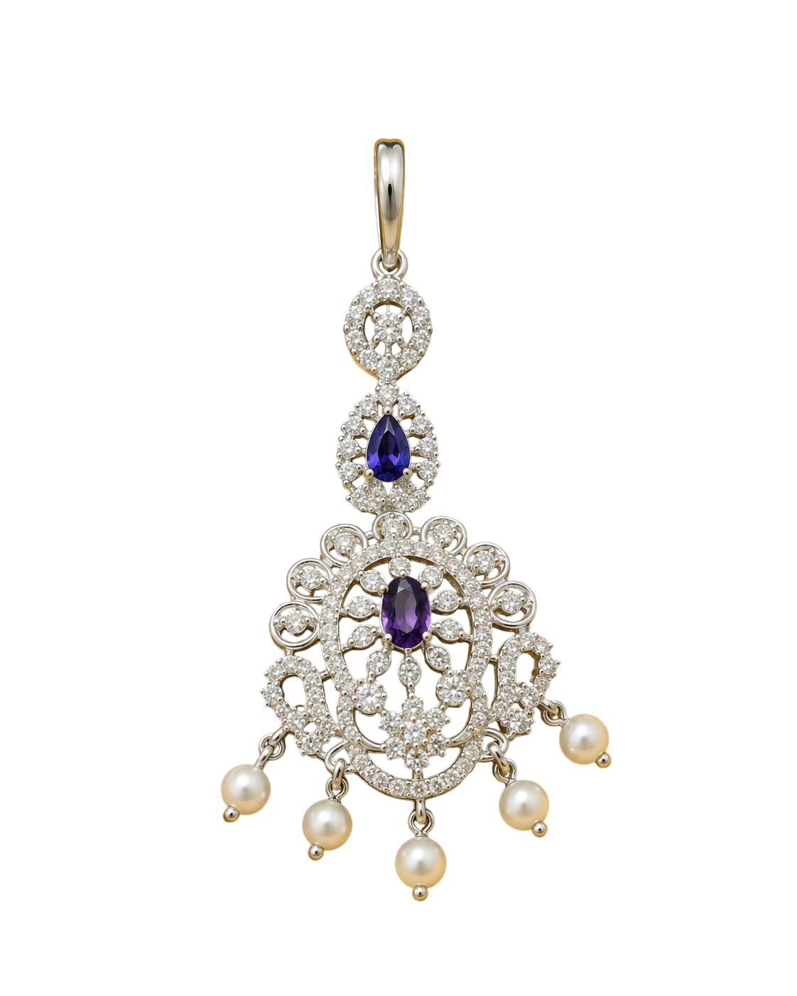 eletant silver plated maang tikka, with purple stone pendant and hanging pearls-image-35