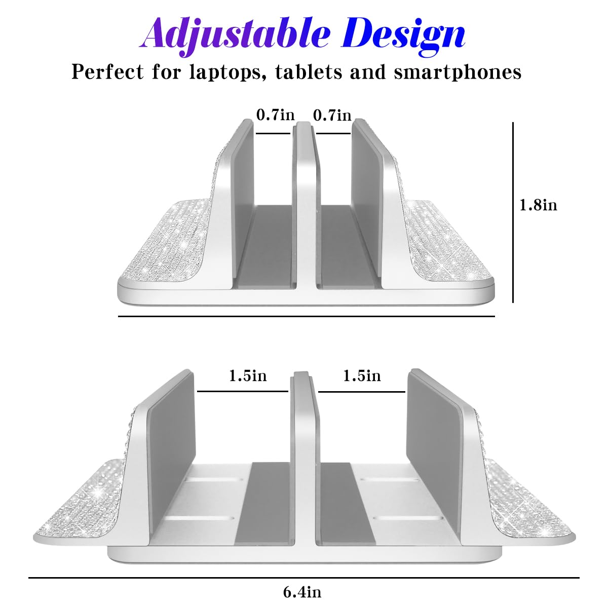Erolagomat Bling Vertical Laptop Stand, Double Desktop Stand Holder with Adjustable Dock (Up to 17.3 inch),Compatible with All MacBook/Surface/Samsung/HP/Dell/Chrome Book (Silver Glitter Rhinestones)
