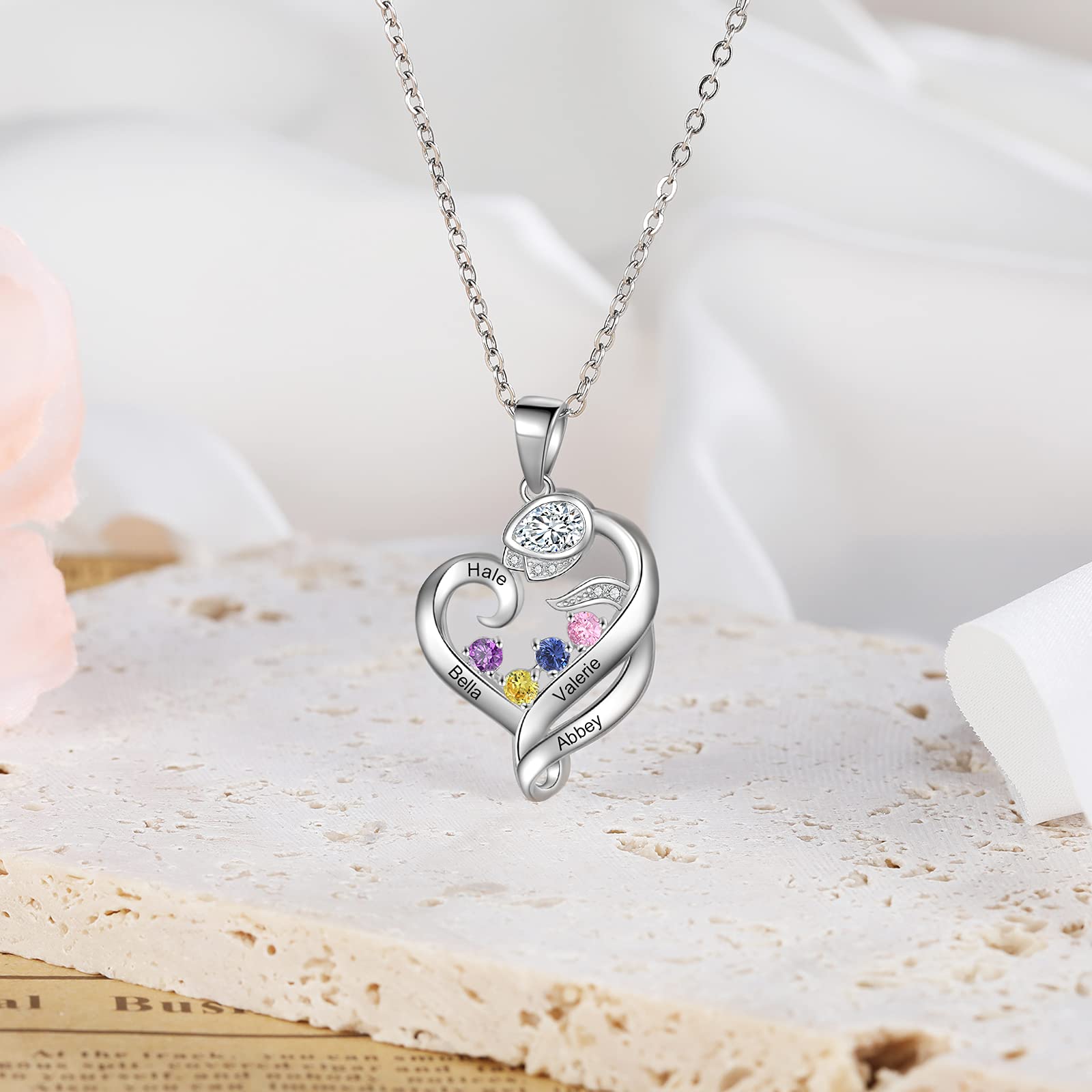 Collana Rosa Personalizzata Cuore 925 Argento Rosa Fiore Ciondolo con Incisione 2-4 Nome Birthstone BFF Collana Figlia Signore Regalo per la Festa della Mamma San Valentino