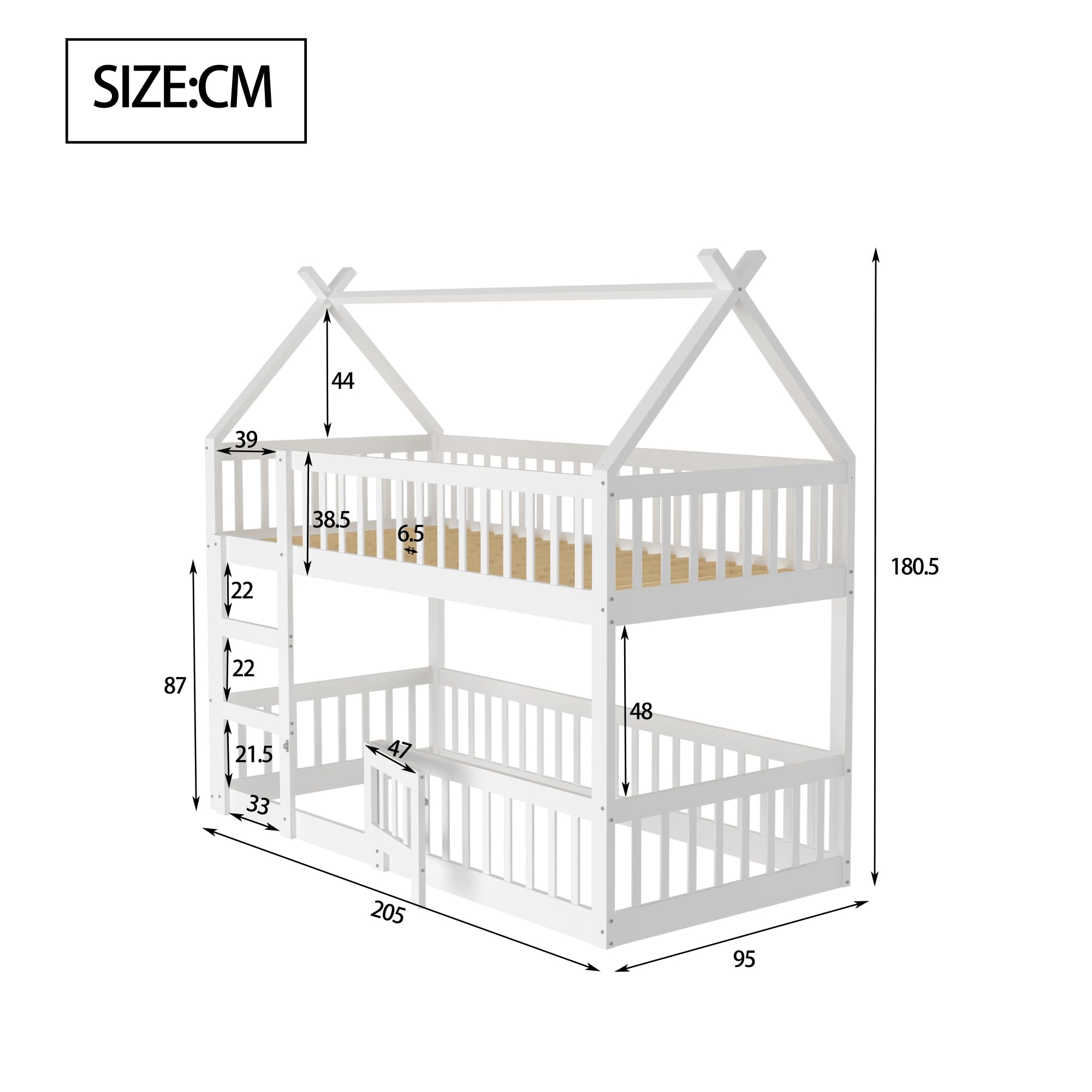 Etagenbett 90x200, Kinderbett Hochbett für 2 Kinder, Hausbett mit Treppe und Tür, Kinderhochbett mit Rausfallschutz und Lattenrost, Bettgestell Stockbett Familienbett Loft Bett, Massivholz, Weiß