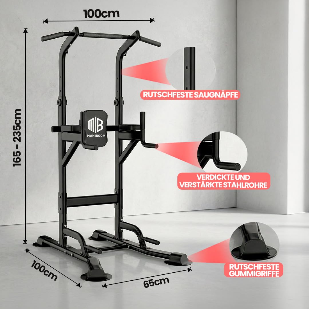 ManiBoom "FELSENFEST" Klimmzugstange freistehend (220 KG) - Höhenverstellbare Power Tower (165-235 cm) mit Anti-Kipp-Basis - Pull Up Station für Calisthenics, Dips & Bauchtraining Zuhause