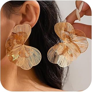 Gold Large Flower Dangle Earrings for Women Vintage Big Ginkgo Leaf Stat...