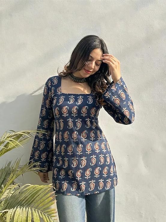 Image of ANNI Designer Women's Viscose Blend Printed Short Kurti | Straight Fit Casual Ethnic Top | Square Neck 3 /4 Sleeve Kurta Office College