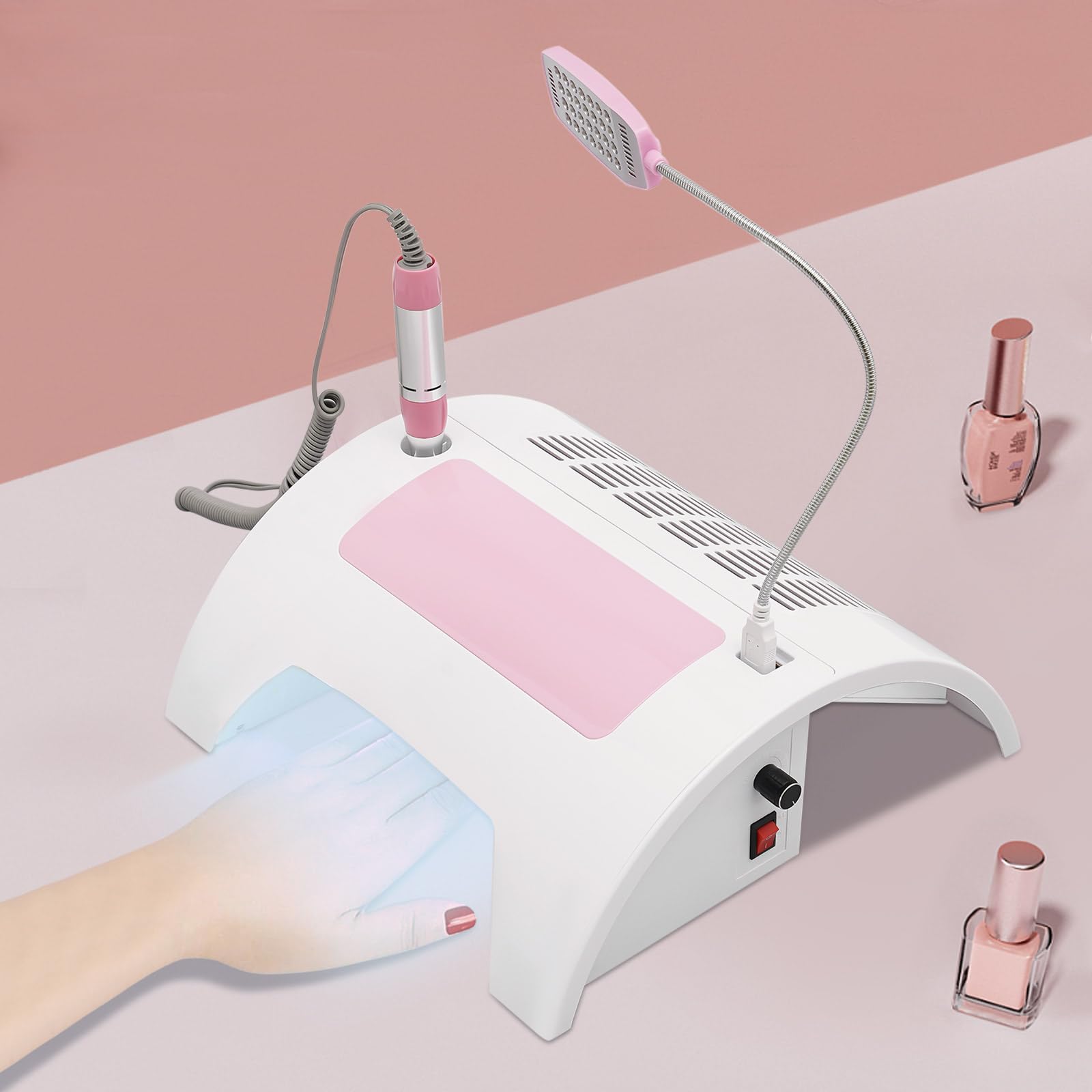 5 in 1 Nail Dust Collector with Drill, Professional UV LED Nail Lamp & Electric Nail Drill Machine & Nail Dust Collector & Table Light & Hand Cushion for Gel Nail Polish (White & Pink)