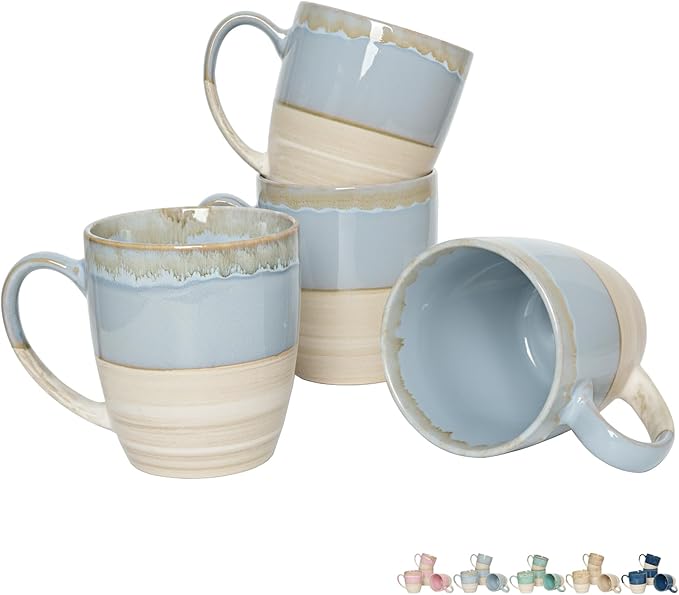 Bosmarlin Ceramic Coffee Mug Set of 4, 16 Oz, 5 Colors to Choose, Tea Cups, Dishwasher and Microwave Safe, Reactive Glaze (Light Blue)